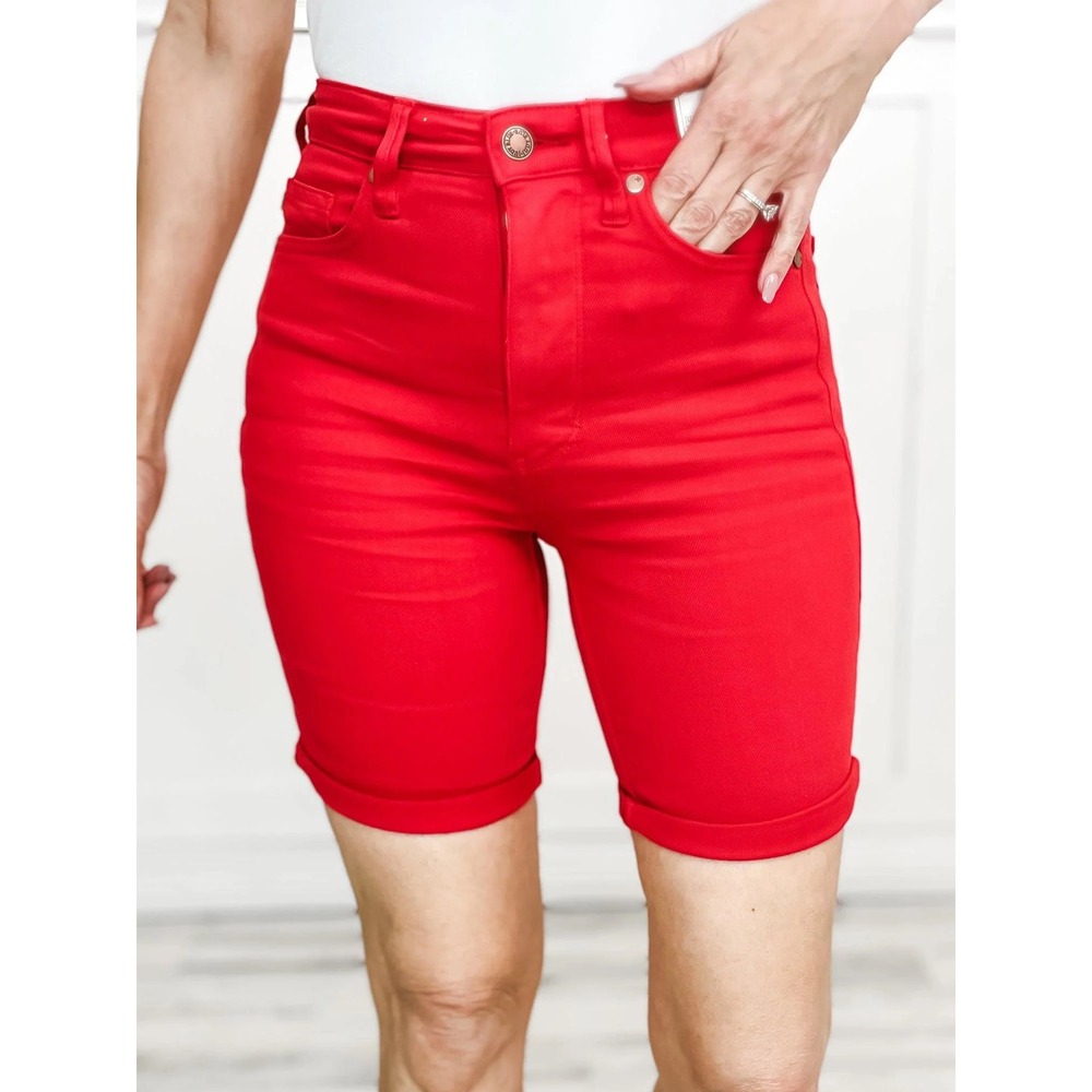 NWT Judy Blue Garment Dyed Red Bermuda Shorts Womens S Tummy Control High Rise